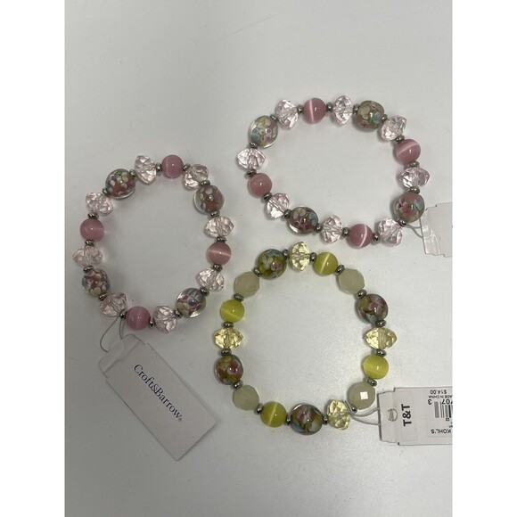 Croft & Barrow Pink & Yellow Pastel Glass Beaded 3 Piece Bracelet Set New - Picture 3 of 6